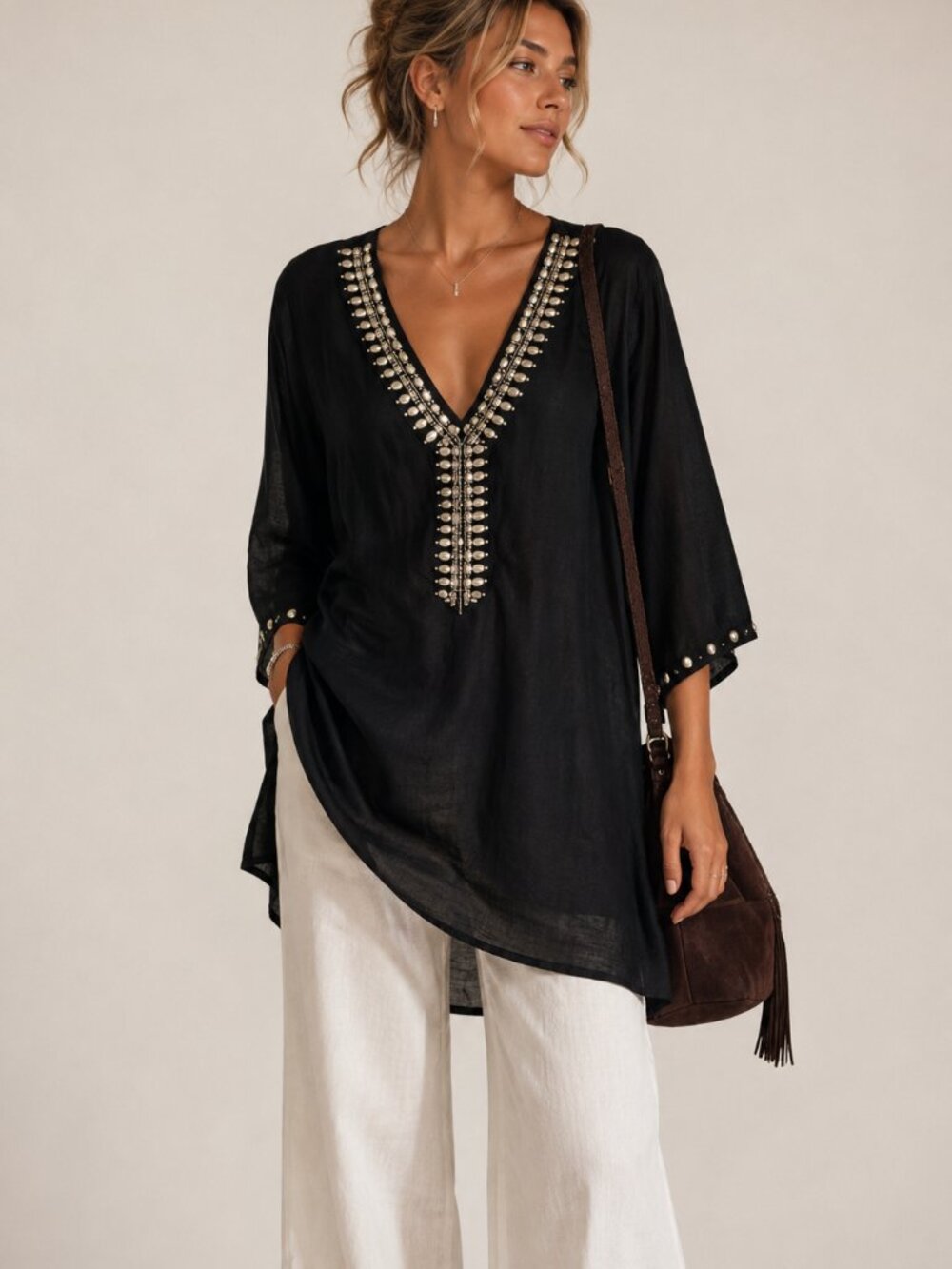 Antonio Melani Black Cotton Silk Blend Tunic Womens Large Studded V Neck Beachy
